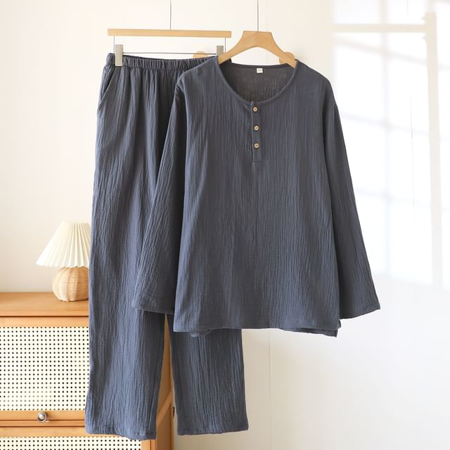 Couple Matching Pajama Set: Long-Sleeve Crew Neck Plain Top + Pants (Various Designs)