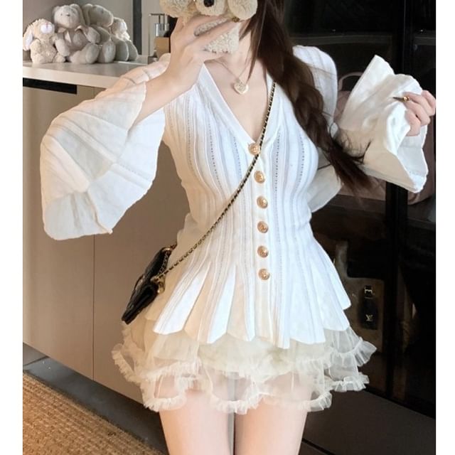 Flared-Cuff V-Neck Mesh Ruffle Button-Up Cardigan