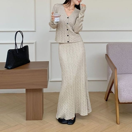 Set: V-Neck Plain Cable Knit Cardigan + High Rise Plain Maxi A-Line Skirt