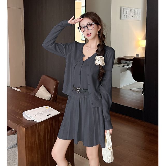 Set: Sleeveless V-Neck Plain Knit Mini Pleated Dress + Round Neck Plain Cardigan