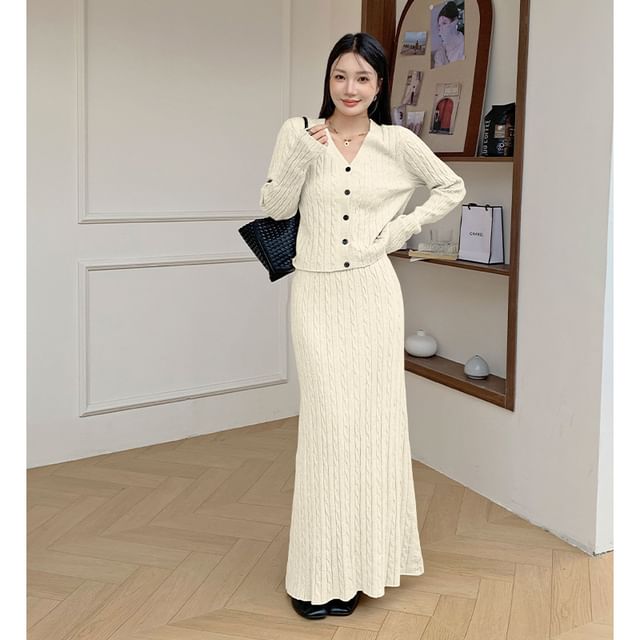 Set: V-Neck Plain Cable Knit Cardigan + High Rise Plain Maxi A-Line Skirt