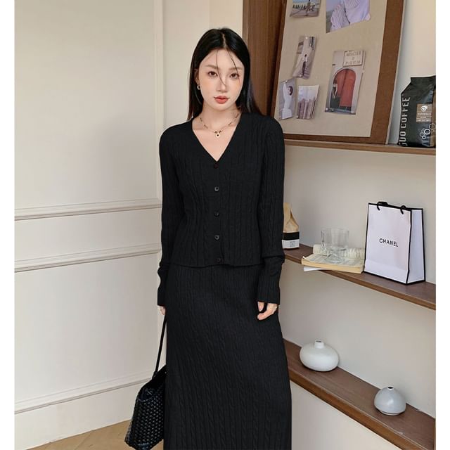 Set: V-Neck Plain Cable Knit Cardigan + High Rise Plain Maxi A-Line Skirt