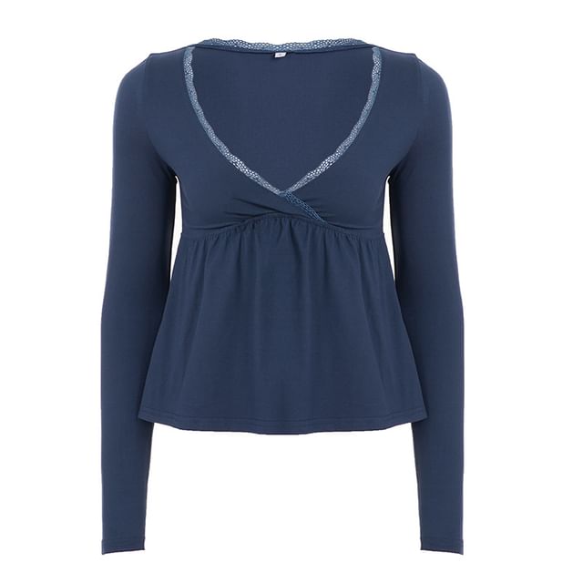 A-Line T-Shirt with Long Sleeves, V-Neck, and Lace Trim