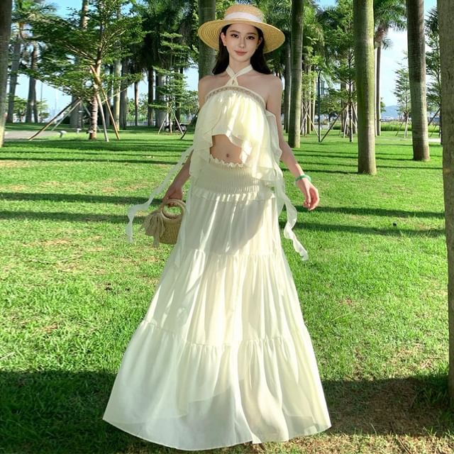 Two-Piece Set: Asymmetrical Halter Crop Top with Ruffle Trim + Tiered Maxi A-Line Skirt