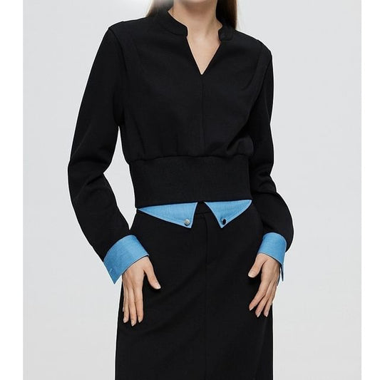 Two-Tone V-Neck Mock Two-Piece T-Shirt and Midi Pencil Skirt