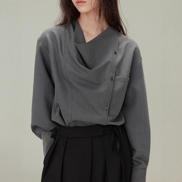 Asymmetrical Button Blouse with Cowl Neck and Long Sleeves