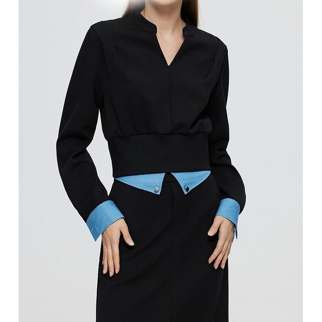 Two-Tone V-Neck Mock Two-Piece T-Shirt and Midi Pencil Skirt