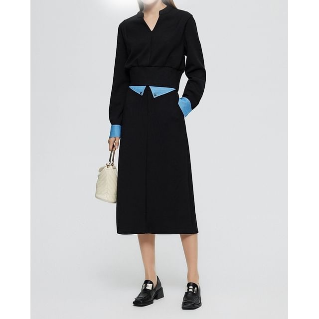 Two-Tone V-Neck Mock Two-Piece T-Shirt and Midi Pencil Skirt