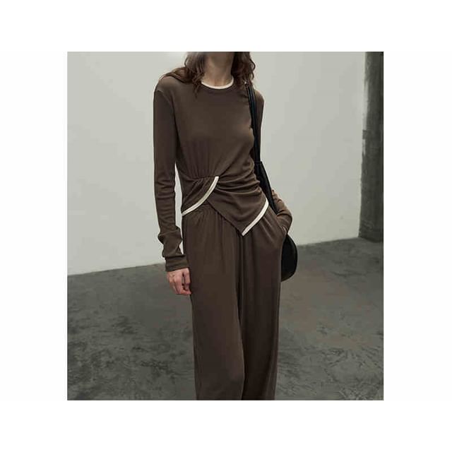 Asymmetrical Ruched Knit Top with Crew Neck and Contrast Trim Long Sleeves