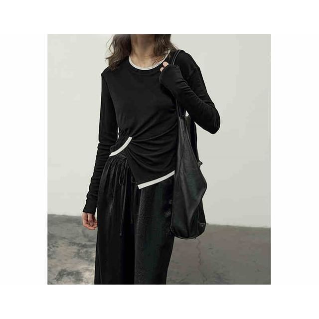 Asymmetrical Ruched Knit Top with Crew Neck and Contrast Trim Long Sleeves