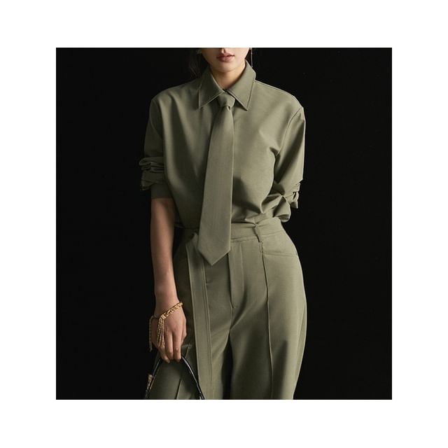 Plain Shirt with Long Sleeves and Loose Fit Suit Pants