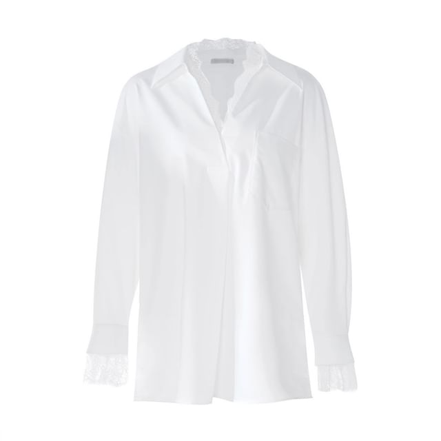 Lace Trim V-Neck Shirt with Long Sleeves