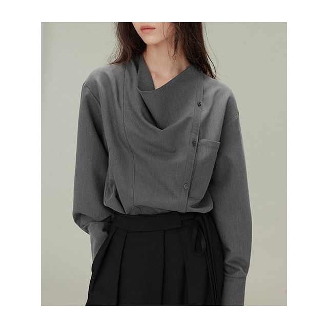 Asymmetrical Button Blouse with Cowl Neck and Long Sleeves