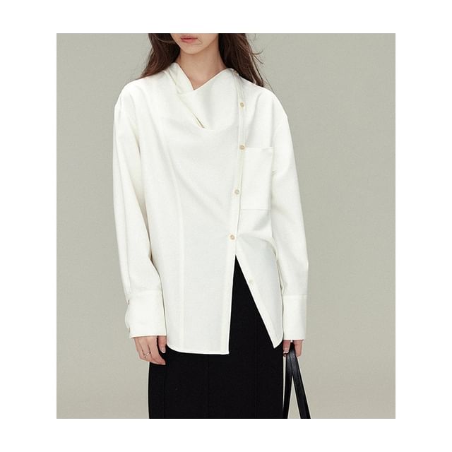 Asymmetrical Button Blouse with Cowl Neck and Long Sleeves
