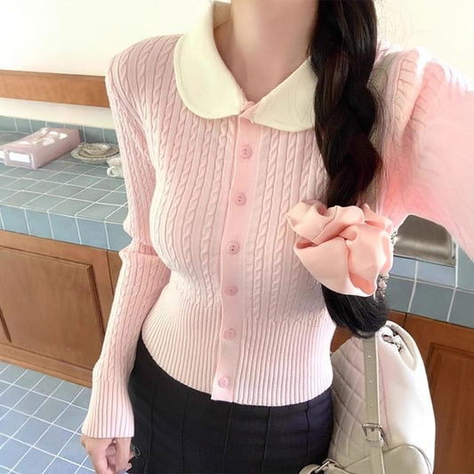 Collared Two Tone Cable Knit Cardigan