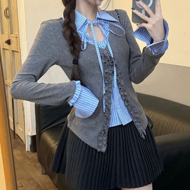 Collared Mock Two Piece Ruffle Trim Cardigan