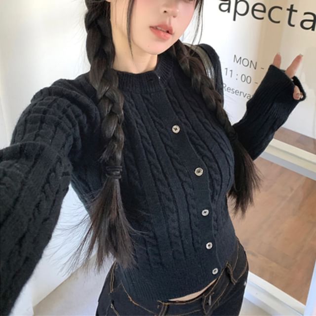 Round Neck Plain Cable Knit Cardigan