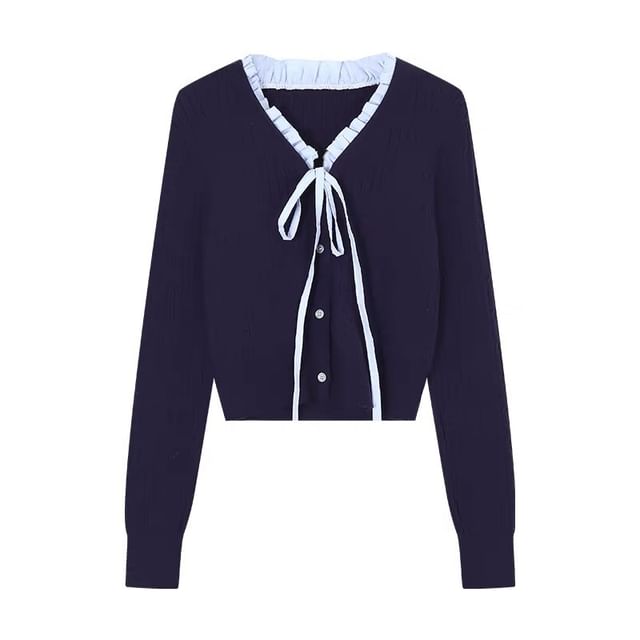 Long-Sleeve V-Neck Plain Ruffle Trim Cardigan / High Waist Mini Pleated Skirt