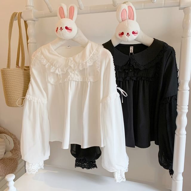 Puff-Sleeve Blouse with Lace Ruffle and Button Front