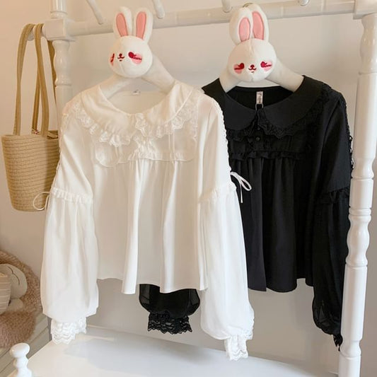 Puff-Sleeve Blouse with Lace Ruffle and Button Front