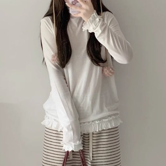 Round-Neck Long-Sleeve Ruffle-Trim Solid Tee