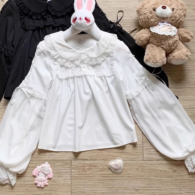 Puff-Sleeve Blouse with Lace Ruffle and Button Front