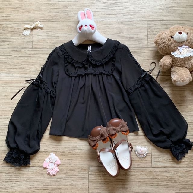 Puff-Sleeve Blouse with Lace Ruffle and Button Front
