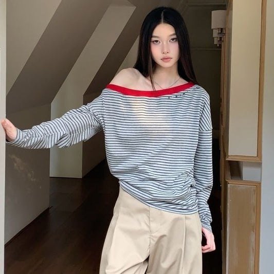 Striped Off-Shoulder T-Shirt with Contrast Trim and Long Sleeves