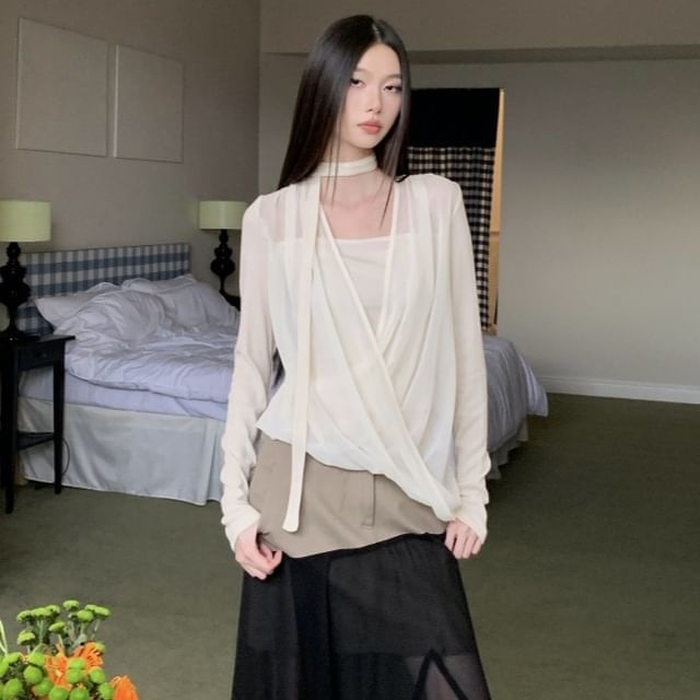 Velvet Panel Mesh Top with Mock Two-Piece Long Sleeves