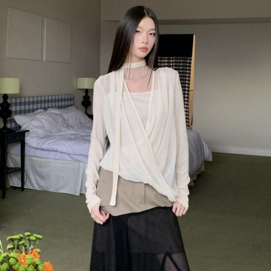 Velvet Panel Mesh Top with Mock Two-Piece Long Sleeves