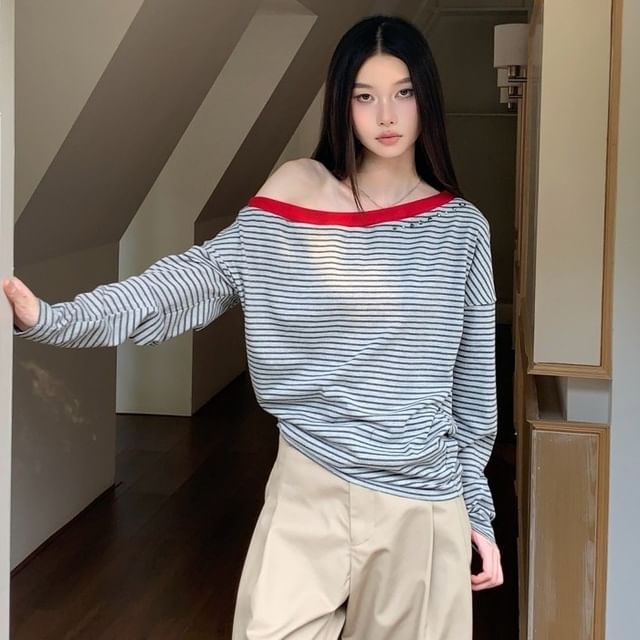 Striped Off-Shoulder T-Shirt with Contrast Trim and Long Sleeves