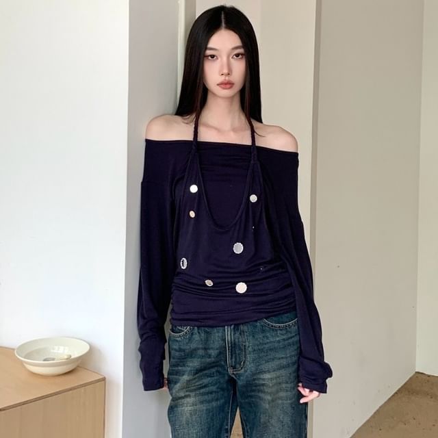 Embellished Off-Shoulder Halter Tee with Mock Two-Piece Long Sleeves