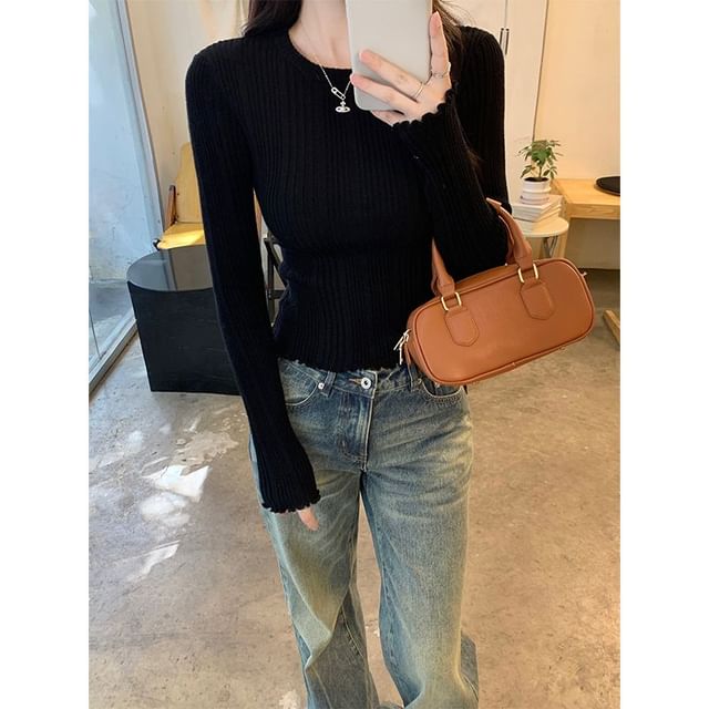 Fitted Knitted Pullover with Round Neckline & Extended Sleeves, Solid Color