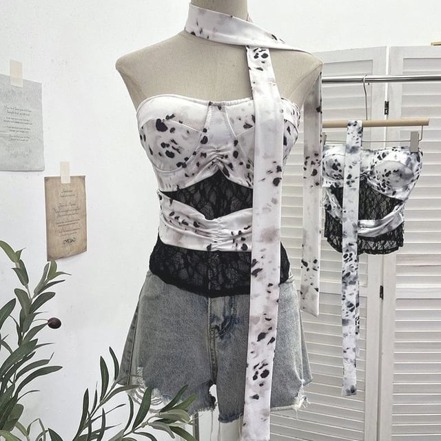 Tie-Dyed Lace Panel Tube Top with Sash Belt