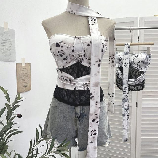 Tie-Dyed Lace Panel Tube Top with Sash Belt