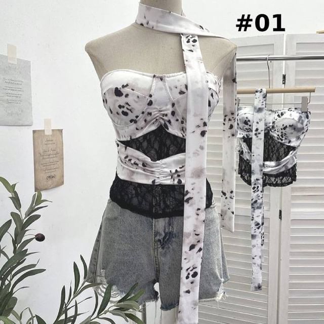 Tie-Dyed Lace Panel Tube Top with Sash Belt