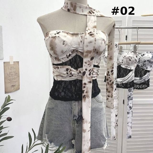 Tie-Dyed Lace Panel Tube Top with Sash Belt