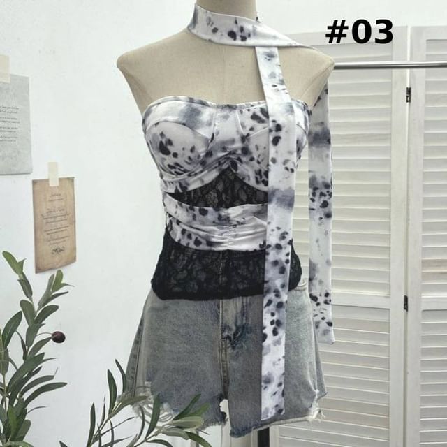 Tie-Dyed Lace Panel Tube Top with Sash Belt