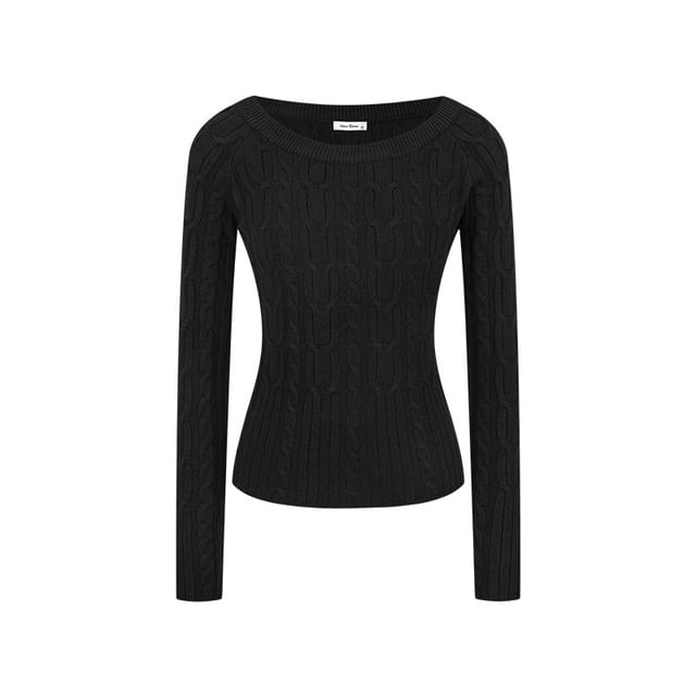 Slim-Fit Cable-Knit Sweater with Off-Shoulder Design and Long Sleeves