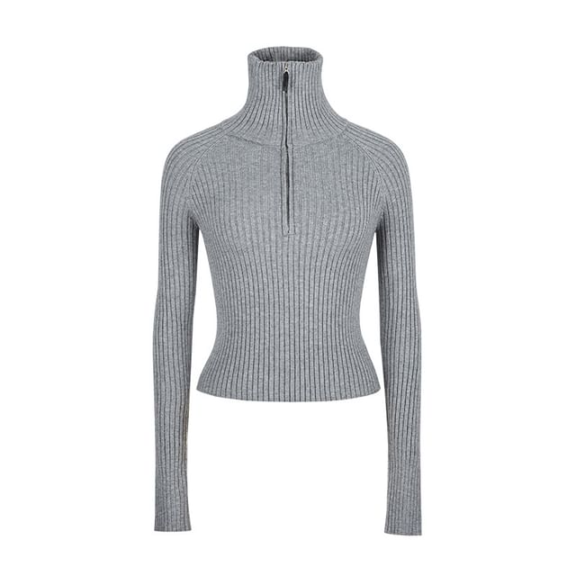 Ribbed-Knit Top with Mock Two-Piece Half-Zip and Long Sleeves