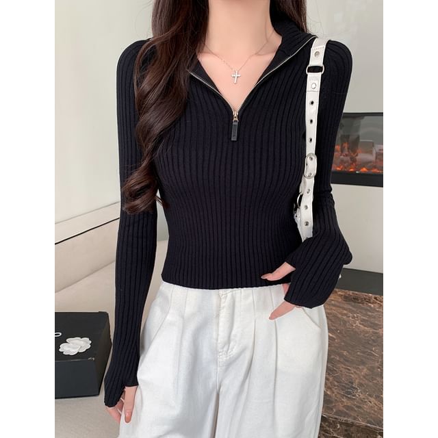 Ribbed-Knit Top with Mock Two-Piece Half-Zip and Long Sleeves