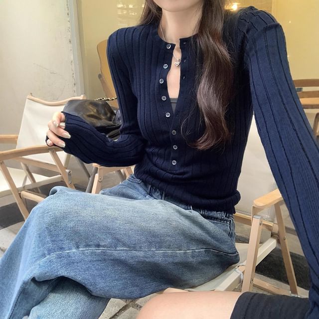 Ribbed-Knit Top with Half-Button Placket and Long Sleeves