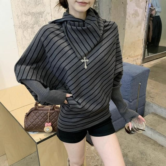 Striped Mockneck Batwing Sleeve Knit Top