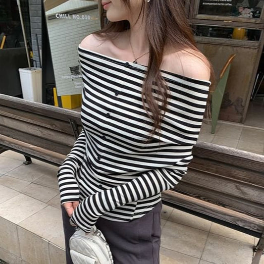 Off-Shoulder Striped Slim Fit Long Sleeve Tee
