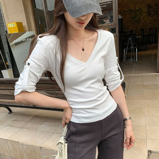 Plain V-Neck 3/4 Sleeve Slim Fit T-Shirt
