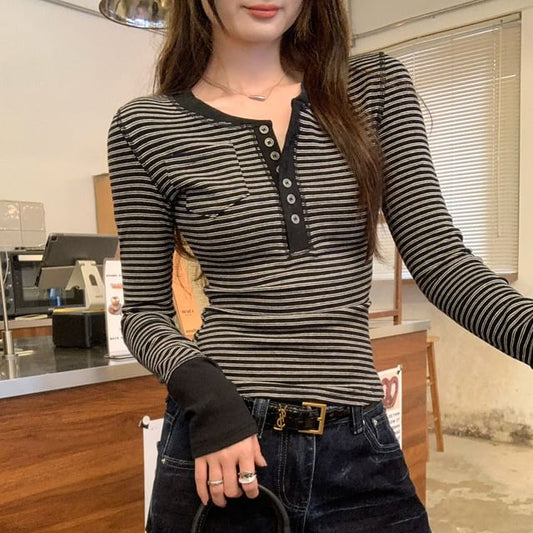 Striped Half-Buttoned Crewneck Long Sleeve Slim Fit T-Shirt