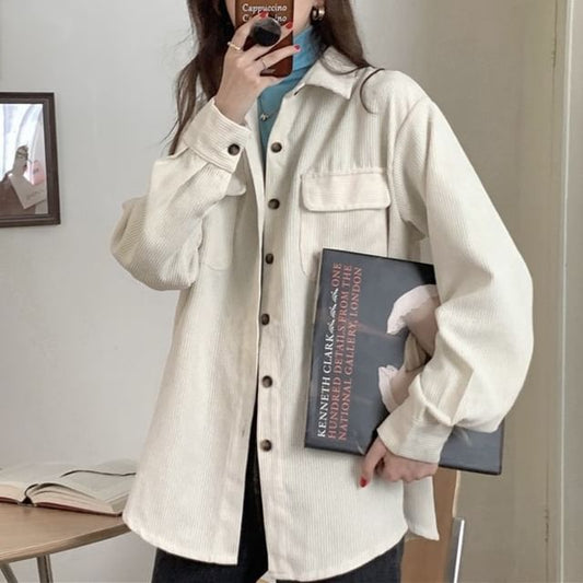 Plain Corduroy Button-Up Shirt Jacket
