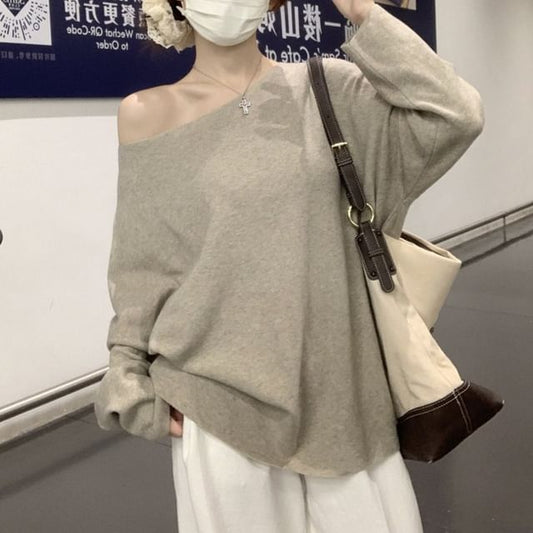 Off-Shoulder Plain Pullover Sweater