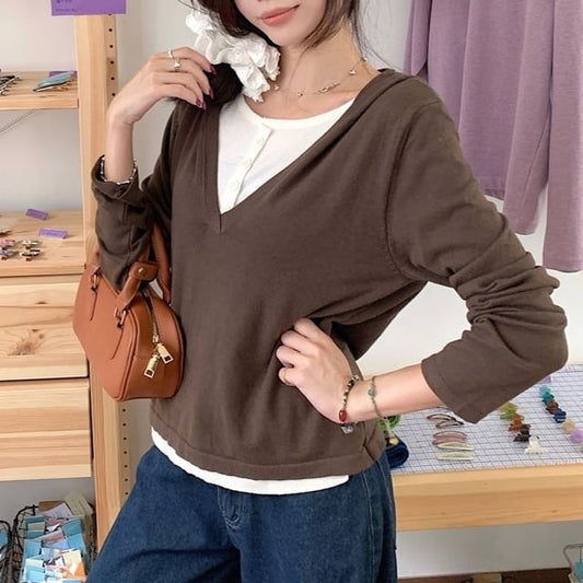 Two Tone Mock Two-Piece Round Neck Knit Hoodie
