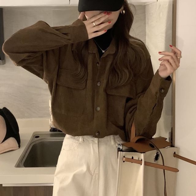Plain Corduroy Button-Up Shirt Jacket